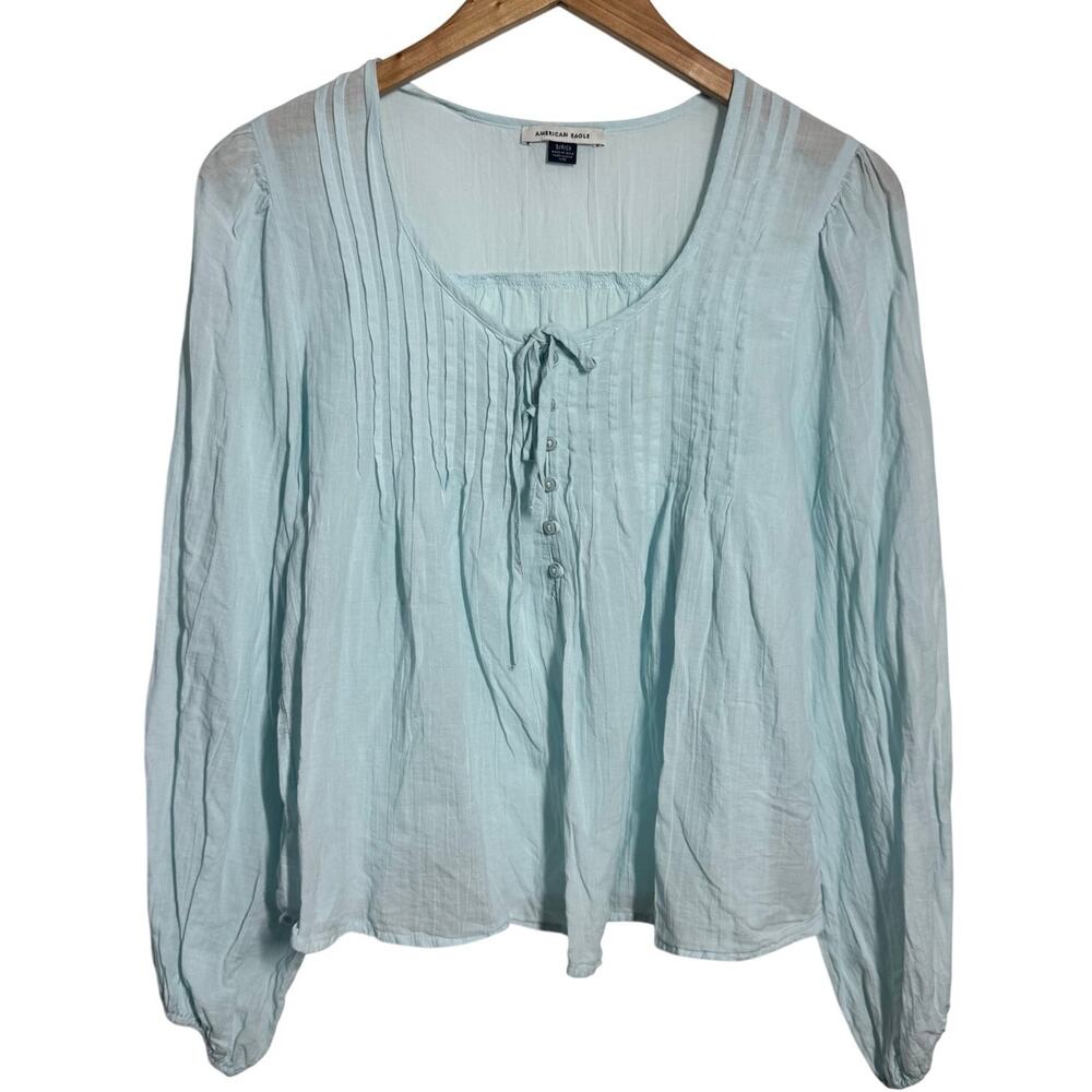 American Eagle Breezy Boho 100% Cotton Blouse Top Women S Blue Cottage Pin Tuck